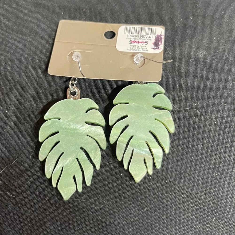 Chico’s Green Monstera Leaf Nickle Free Pierced Earrings. P